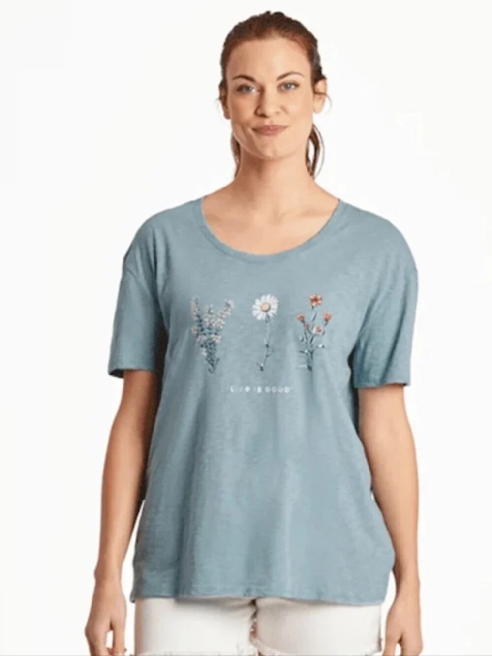 Life is Good | Short Sleeve Cotton Tee | Large | Blue Wildflowers